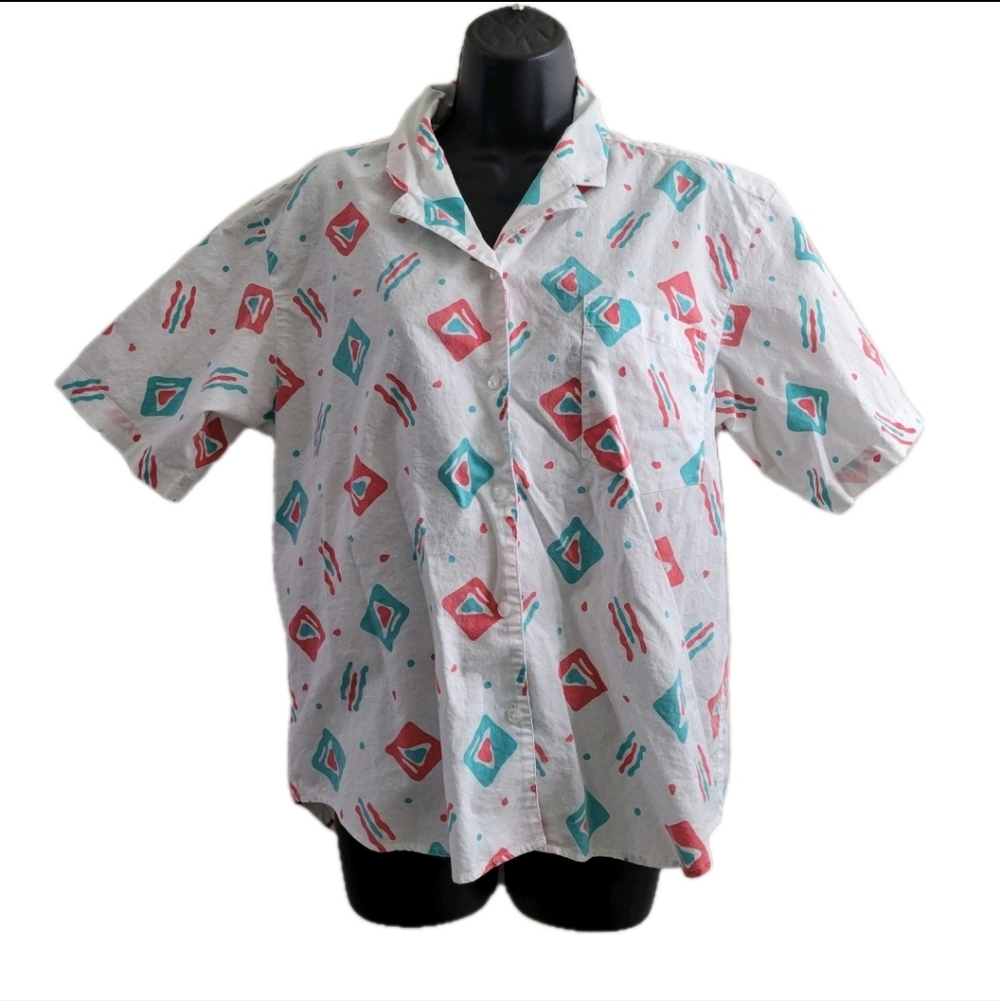 Vintage Lord Isaacs 80s Memphis Geometric Pattern Button Down Shirt Large Retro
